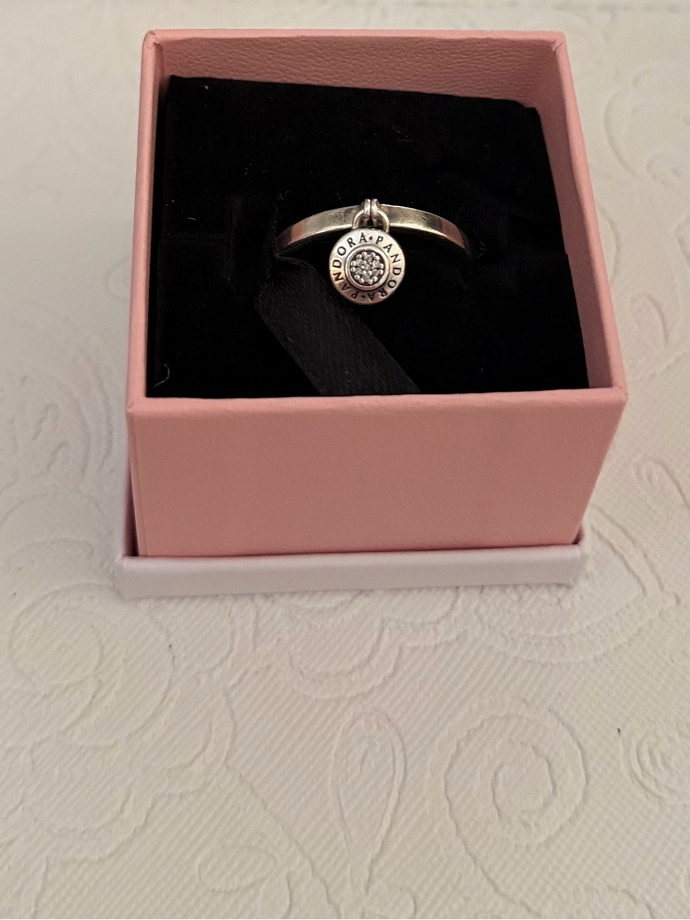 Pandora Silver Logo Ring with Pink Box Accent